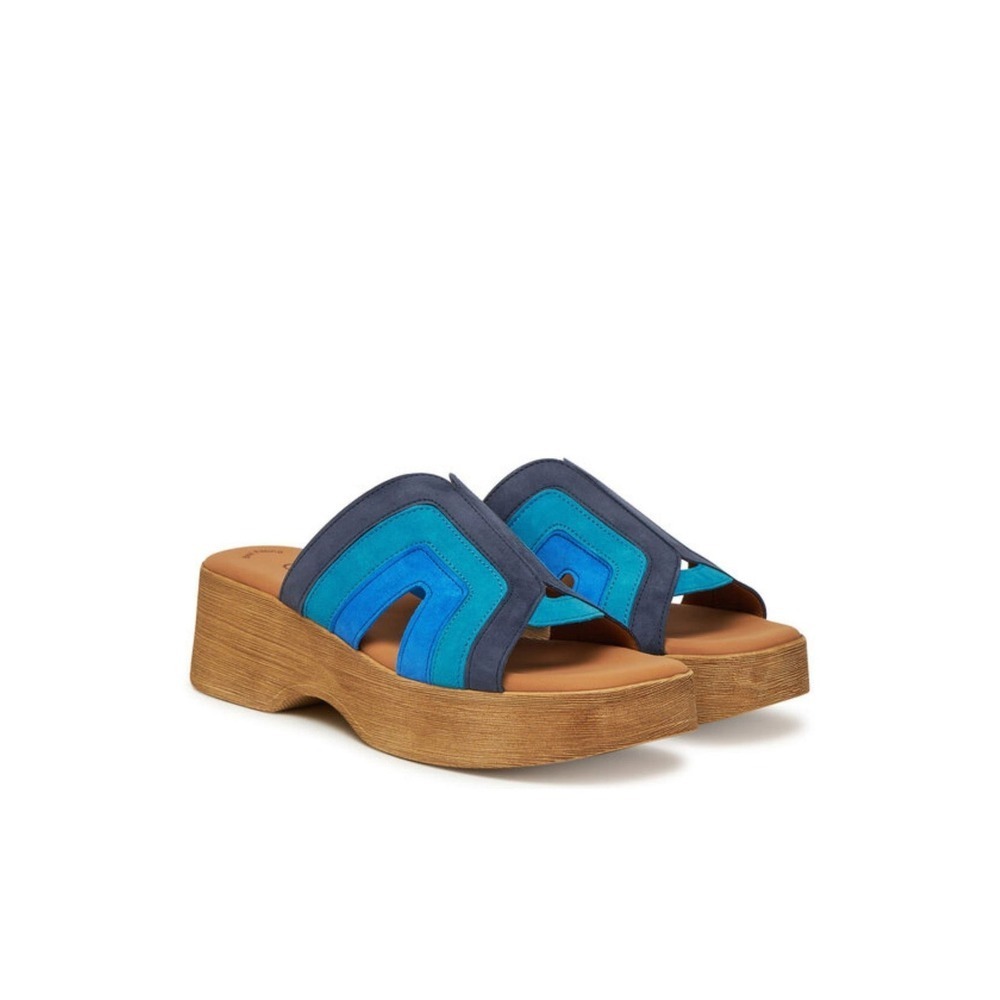 Gabor Blue Suede Platform Slide Sandals Multi Tone Geometric Cutout Womens 10